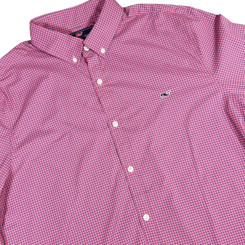 Vineyard Vines Whale Shirt Button Down Men L Pink Blue Gingham Slim Performance